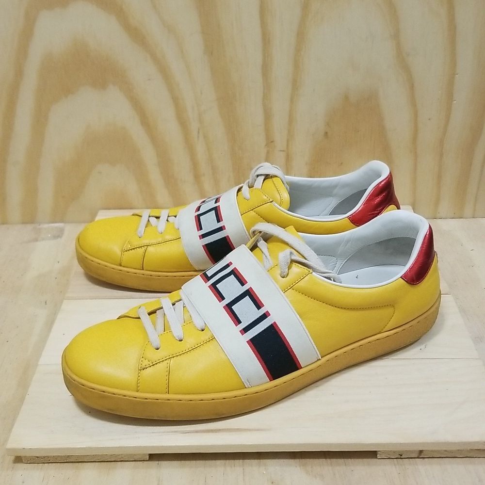 Gucci Yellow Leather Sneakers with Red Heel and White Strap
